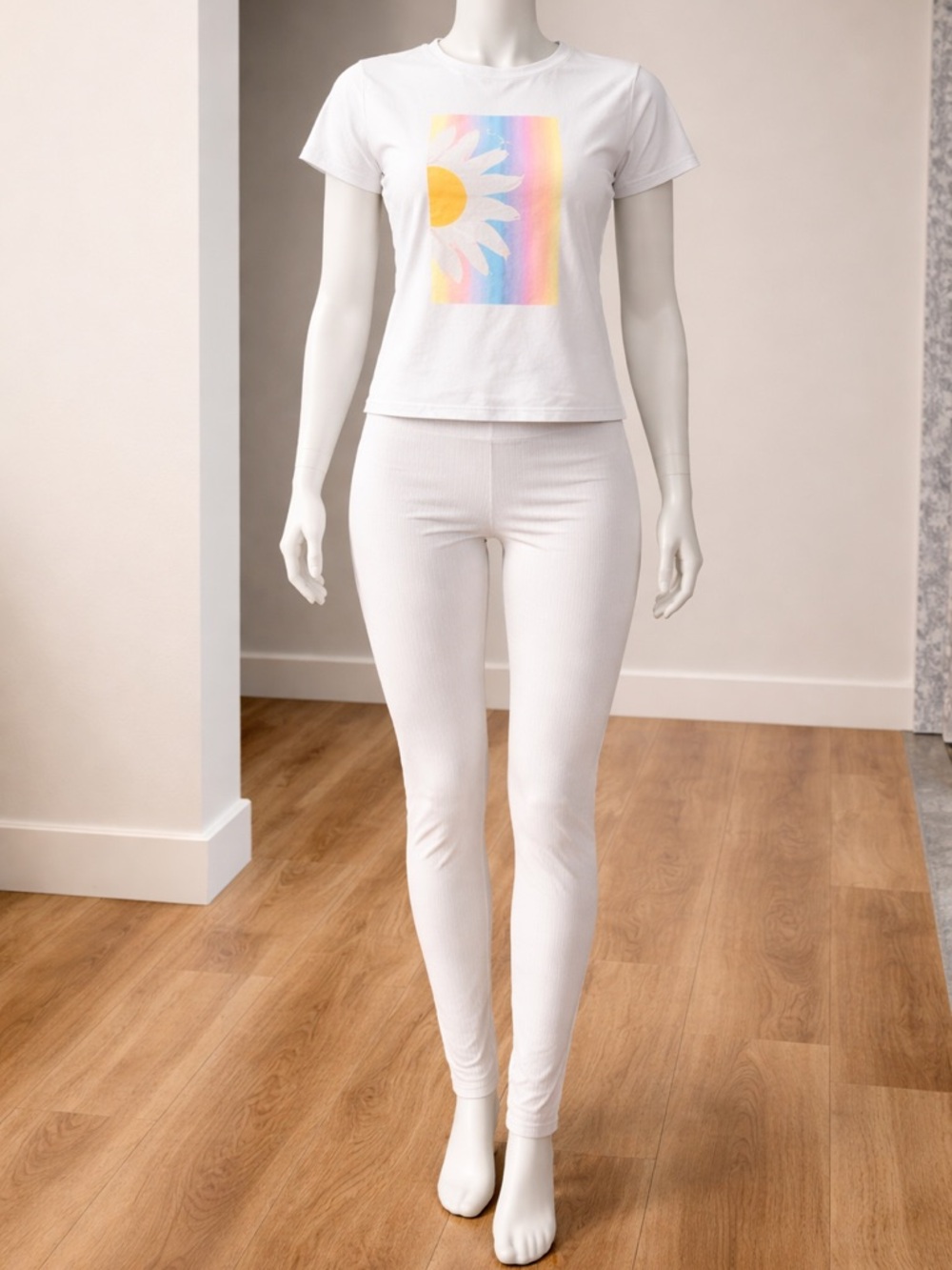 White Ribbed High-Waist Leggings - White